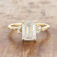 Bague de mariage personnalisée en or massif 10K/14K/18K avec diamant de laboratoire taille émeraude 2 carats et pierres latérales botaniques, certifiée IGI, clarté VVS CVD/HPHT