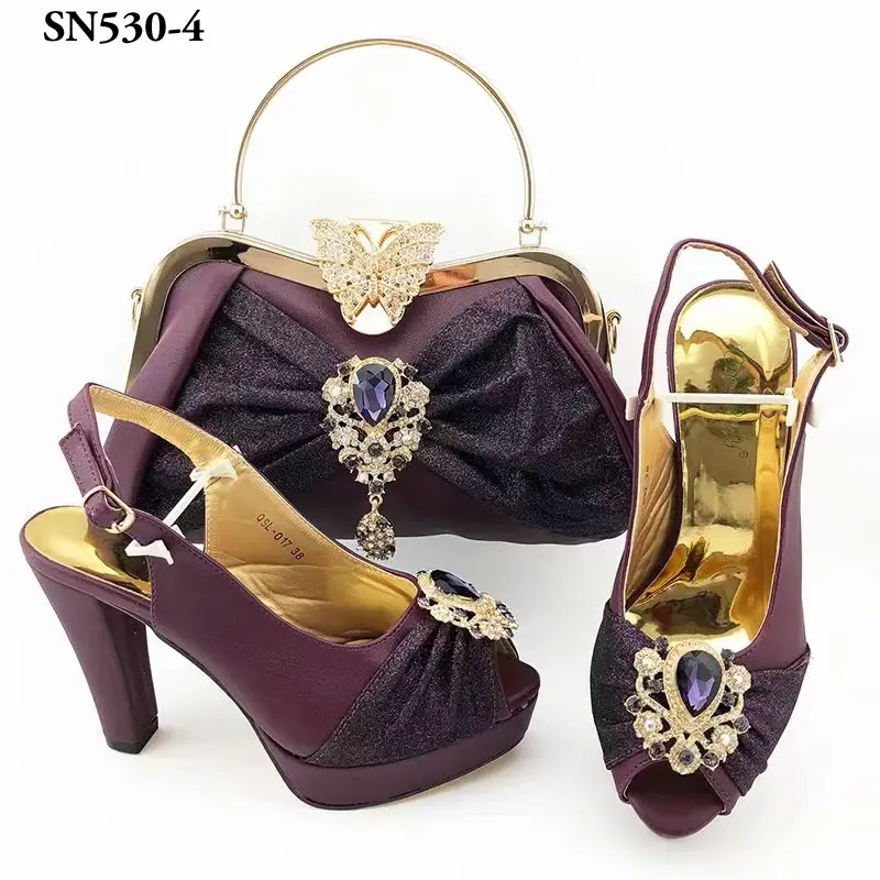 2020 High quality purple italian shoes matching bag set for women cheap price bridal sandals shoes bag for summer