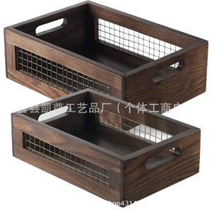 Cesta de almacenamiento de madera para mesa de salón, caja de almacenamiento de malla de hierro forjado, caja de almacenamiento multiusos para especias de cocina y - Product Image 3