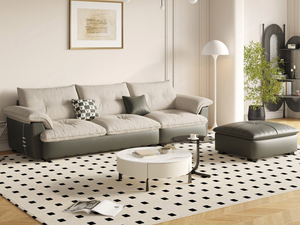Divano Modulare per Soggiorno in Stile Crema, Realizzato in Tessuto Tecnico Liscio <span class=keywords><strong>e</strong></span> Resistente all'Usura, con Seduta Traspirante in Cotone <span class=keywords><strong>e</strong></span> Lino - Product Image 1