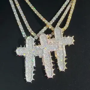 Micro Paved Iced Out Bling 5A CZ 3 Tone Jewelry Hip Hop Punk Cool Style Thorny Cross Pendant Necklace