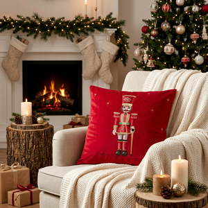 Coussin décoratif carré de Noël en velours brodé Casse-Noisette, rouge, luxueux, lavable, avec rembourrage en polyester - Product Image 1