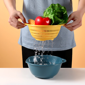 Double Layer Plastic Drain Basket Set For Kitchen Vegetable Fruit Washing Blue Purple Beige Colanders Strainers - Product Image 2