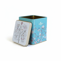 Boîte en fer blanc carrée Kontensan 1,8 L avec couvercle coulissant, motif floral, bleu pastel, 120x120x137 mm, personnalisable avec logo, pour thé, biscuits, emballages de thé, Turquie