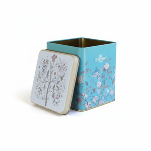 Kontensan 1.8 L Slip Lid <b>Floral</b> Design Pastel Blue Square Tin <b>Box</b> 120x120x137 mm Custom Logo Tea Tins for Cookie & Tea Packs - Product Image 2