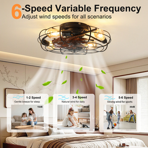 19.7" Industrial Caged Ceiling Fan with Light, 6-Speed Reversible DC Motor, E26 <b>Bulb</b> Base, Farmhouse Decor for Bedroom kitchen - Product Image 2