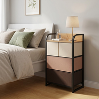 Table de chevet de style japonais moderne avec 4 tiroirs en tissu, commode de rangement, cadre métallique incurvé, table de nuit avec plateau en bois pour la maison et la chambre