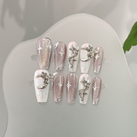 Faux ongles à presser faits main de luxe, avec gemmes 3D et effet œil de chat argenté, réutilisables, longs forme cercueil, à coller