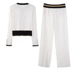 Ensemble tricoté 2 pièces pour femme, pull-over personnalisé, blanc, pantalon