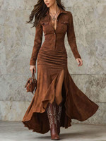 Ensemble deux pièces vintage en faux daim automne-hiver 2027 : chemise et jupe longue fendue froncée style western cowgirl pour femme