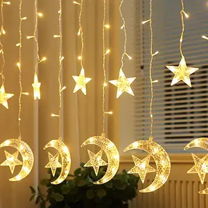 Ramadan 110v 220v 24v Christmas Lights Garland Led Curtain 8 Modes 138led String Lights Stars Shaped And Moon Curtain Decorate