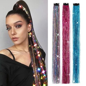 Gold Glitter Silk Braid Rope Hair Extensions Wig with Colored Hair Clips PC Material 20 Inches