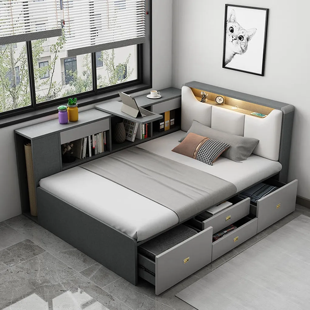 Mobiliário de quarto doméstico com novo design TS, cama de madeira moderna com gavetas