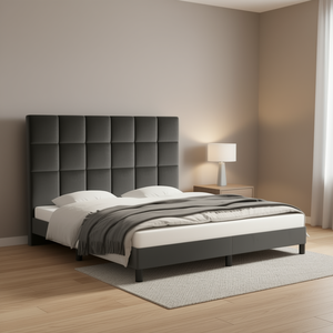 โครงเตียงแบบเต็มขนาดทันสมัย พร้อมหัวเตียงหุ้มกำมะหยี่สีเทาเข้ม ดีไซน์เตียงนุ่มสบาย ทนทาน - Product Image 2