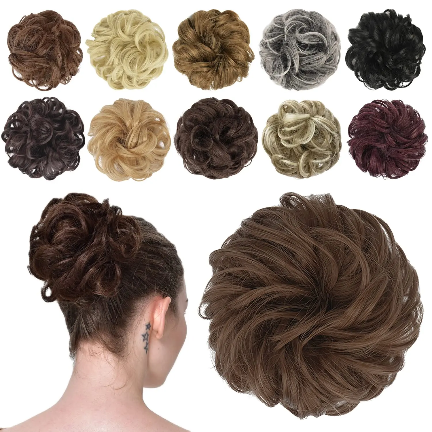 Messy Hair Bun and Tousled Updo Scrunchies Extension Curly Wavy Synthetic Donut Chignon for Women Hairpiece