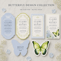 Invitations de mariage bleu vert clair avec papillon, impression de bordure florale, cartes de papeterie de mariage découpées sur mesure