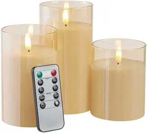 3 Pack D 3 "H 4" 5 "6" candele senza fiamma con stoppino in vera cera di vetro grigio con candele a colonna a LED tremolanti a batteria a distanza