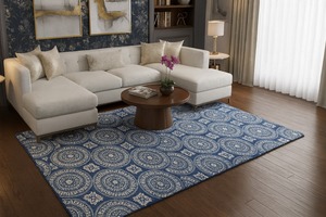 Alfombra Moderna de Diseño Medallón Tejida a Mano - Alfombra Azul para Sala de Estar - Product Image 2