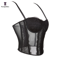 Sangle Ajustable Noir Translucide Lingerie Mesh Crop Top Corsets et Bustiers Sexy Soutien-Gorge Sans Couture et Push Avec T String