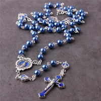 Vente en Gros de Bijoux Religieux Faits à la Main, Chapelet Catholique Vierge Marie avec Chaîne, Perles de Verre Bleues Nacrées 6mm, Rosaire, Colliers pour Femmes