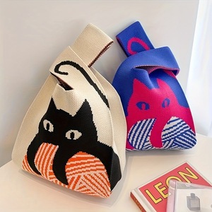 Bolso de Mano Tejido con Patrón de Gato de Dibujos Animados, Estilo Coreano, Portátil, de Gran Capacidad, para Mujer - Product Image 2