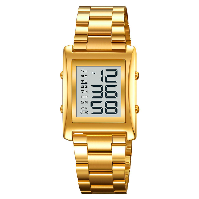 SKMEI New Men's Digital Watch Gold Rectangular Case Stainless Steel Band 30M Water Resist EL Light Stopwatch Alarm for Men 2550