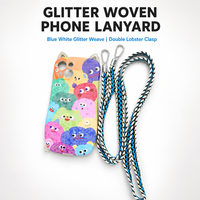 Lanière de téléphone bandoulière en tissu tissé avec fil pailleté bleu et blanc, longue sangle en tissu avec double fermoir mousqueton pour coque de téléphone et accessoire de sac