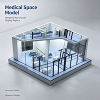 Maquette architecturale d'un couloir d'hôpital, avec les différentes pièces fonctionnelles, les couloirs et le mobilier médical, figurines miniatures en ABS