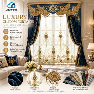 Maßgefertigtes Luxus-Samtvorhang-Set in Marineblau und Champagner-Gold mit Querbehang, Stickerei und Quasten für Großzügige Wohnzimmer - Product Image 2