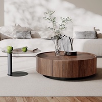 Table Basse Ronde en Noyer de Luxe Léger Moderne pour Appartement Hôtel Villa avec Tiroirs Table d'Appoint pour Salon Dessus de Table en Bois