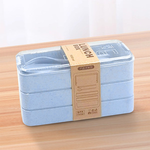 Cross-border trade lunch <b>box</b>, three-layer wheat <b>plastic</b> bento <b>box</b>, student and adult lunch <b>box</b> with cutlery, square lunch <b>box</b> - Product Image 3