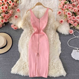 Nuevo Vestido Midi de Verano, Sexy, con Cuello en V, Cierre de Cremallera, Transpirable, de Punto Sólido - Product Image 2