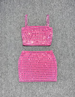 Ensemble deux pièces de luxe sexy pour femme, orné de perles et de pierres en cristal, en spandex/polyester tissé respirant, robes d'été, hauts courts unis