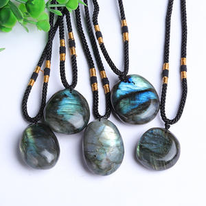 Wholesale Natural Raw Moonstone Labradorite Pendant Necklace Blue Moonlight Flash Stone <b>Braided</b> Rope Necklace - Product Image 1
