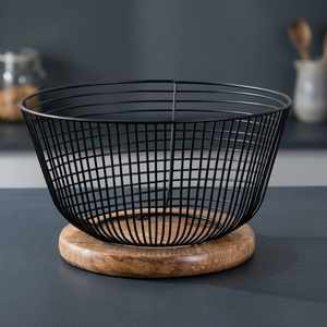 Panier de rangement rond en métal avec base en bois, en treillis métallique, pour cuisine, design minimaliste - Product Image 2