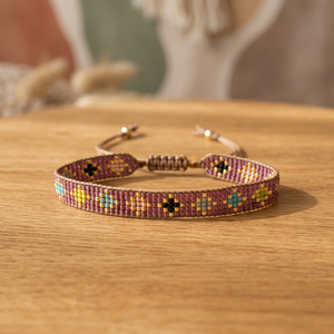 Sstringz handmade Lavender Purple Miyuki delica <b>Bead</b> <b>Bracelet</b> with Gold and Turquoise Geometric Pattern Adjustable Boho Jewelry - Product Image 1