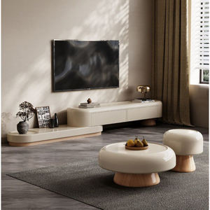 Meuble <span class=keywords><strong>TV</strong></span> <span class=keywords><strong>incurvé</strong></span> moderne, couleur crème, grand rangement, mobilier de salon, élégant et durable - Product Image 3