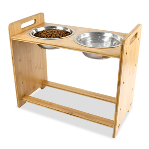 Bol surélevé pour <span class=keywords><strong>chien</strong></span> en bambou à hauteur réglable, mangeoire <span class=keywords><strong>surélevée</strong></span> pour animaux de compagnie avec 2 bols en acier inoxydable pour chats et chiens, ensemble professionnel - Product Image 1