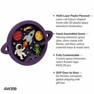 <span class=keywords><strong>Caja</strong></span> de Exhibición Personalizada con Diseño de Astronauta Espacial, Extraterrestre y <span class=keywords><strong>Saturno</strong></span> |   Escena de Cohete, Planeta y Luna Cortada con Láser en Madera Contrachapada de Álamo Multicapa - Product Image 3
