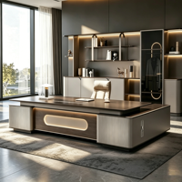 Bureau de direction moderne de luxe pour PDG, grand bureau en forme de L en bois avec éclairage LED et armoire de rangement