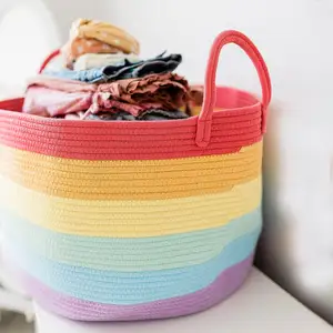 Best Sales Foldable Rainbow Woven Kids Toy Basket Laundry Cotton Rope Storage Baskets With Handle