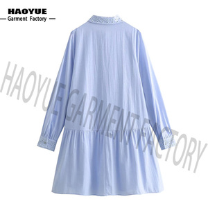 Robe <span class=keywords><strong>midi</strong></span> décontractée élégante en mousseline de soie bleu ciel à broderie anglaise et rayures, à manches longues, pour femme, fabriquée sur mesure - Product Image 2