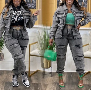 N8158-High elasticizzati pantaloni Multi tasca giacca in Denim Casual due pezzi set di Jeans per <span class=keywords><strong>abbigliamento</strong></span> da donna - Product Image 1