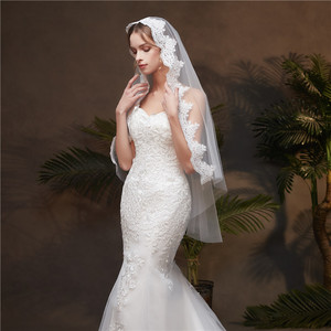 WAN200 — voile de mariée blanc en dentelle ivoire, livraison gratuite, courte, une étape, voile à doigt de mariage avec peigne - Product Image 2