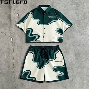 Cut And <b>Sew</b> Panelled Shirt <b>Set</b> Wavy Colorblock Short Sleeve Button Down Matching Shorts Streetwear Co-Ord Wholesale - Product Image 2