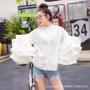 Top de verano para <span class=keywords><strong>mujer</strong></span> de moda Vintage americana europea, camisa de manga de cuerno con volantes multicapa, botón de cuello pequeño Joker Suelto - Product Image 3
