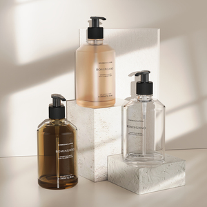 Nhãn hiệu riêng sang trọng hữu cơ 350ml mỹ phẩm Chai thủy tinh cổ điển hổ phách Vòng thủy tinh Lotion chai dầu gội đầu với bơm - Product Image 2