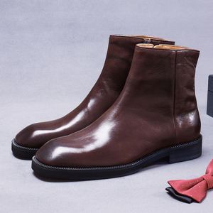 รองเท้าบูทข้อเท้าทรงเหลี่ยมสีดำคุณภาพสูง หนังวัวแท้ชั้นแรก น้ำหนักเบา สไตล์ลำลองทางธุรกิจ พื้นหนา รองเท้าบูทฤดูหนาวสำหรับผู้ชาย - Product Image 1