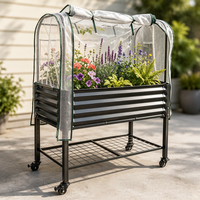 Jardinière surélevée mobile en acier galvanisé ondulé avec couvercle en maille PE et étagère de rangement pour outils en bas, bac à plantes d'extérieur