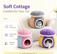 Lit pour chat en forme de champignon, épais et chaud pour l'hiver, en fourrure de lapin, détachable, lavable, semi-fermé, pour petits chiens